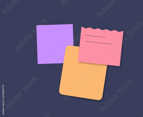 Three colorful sticky notes in purple pink and orange colors with one paper having a jagged top edge and lines for writing notes for office work or school planning projects