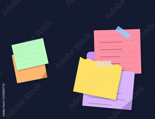Colorful sticky notes with handwritten lines stuck with tape on a dark background for office organization and creative planning and reminders for work and study projects
