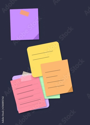 Colorful sticky notes with handwritten lines on a dark background for office organization and creative planning tasks in a modern professional workspace environment setting