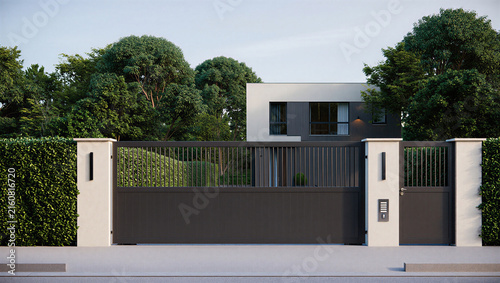 фотографія Modern driveway gate with metal slats and integrated pedestrian entrance in fron