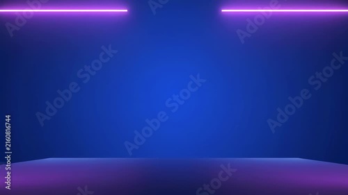 Abstract blue stage with purple neon lights in cinematic motion during a dark night