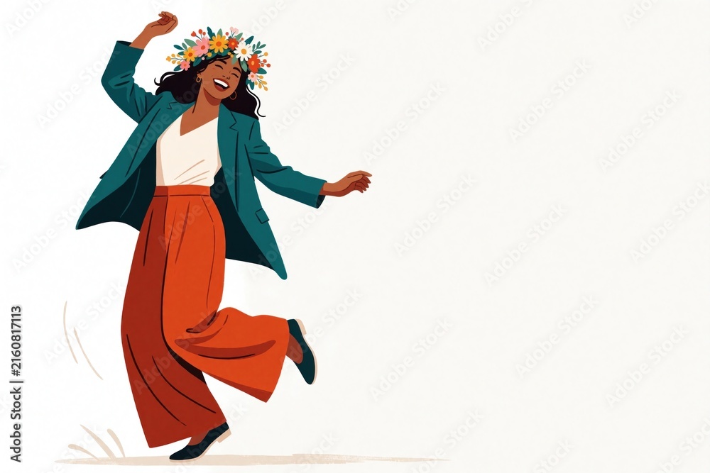 Fototapeta premium Woman wears flower crown and orange pants, dances happily in blue jacket. Flat illustration style with copy space on white background. Energetic movement shown.