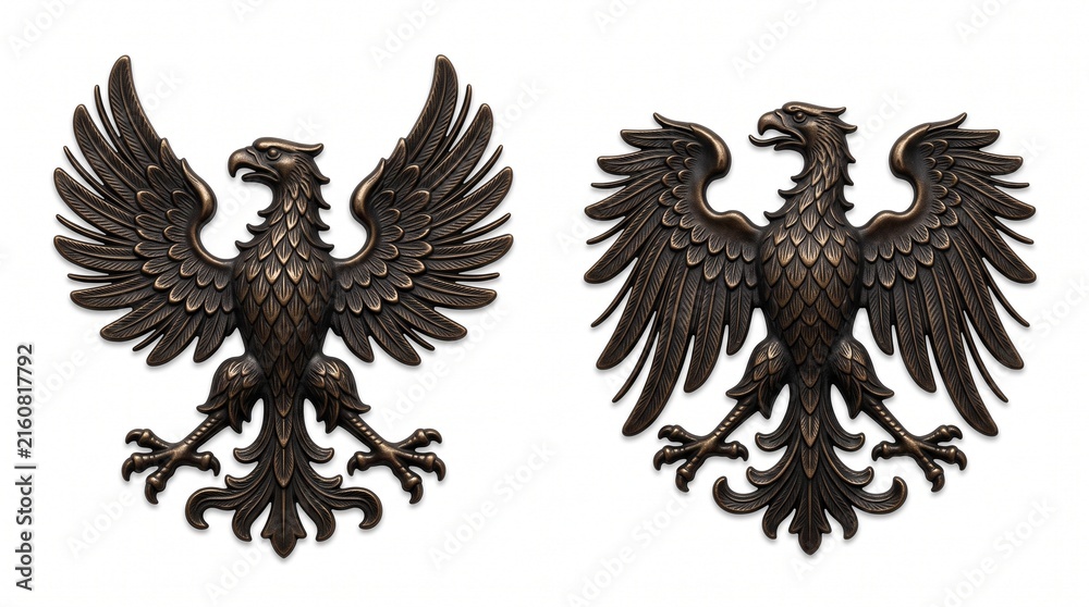 Fototapeta premium A pair of intricate bronze eagle emblems with outspread wings isolated on white, showcasing regal heraldic details and aged metallic textures under soft lighting for a powerful, historic look.