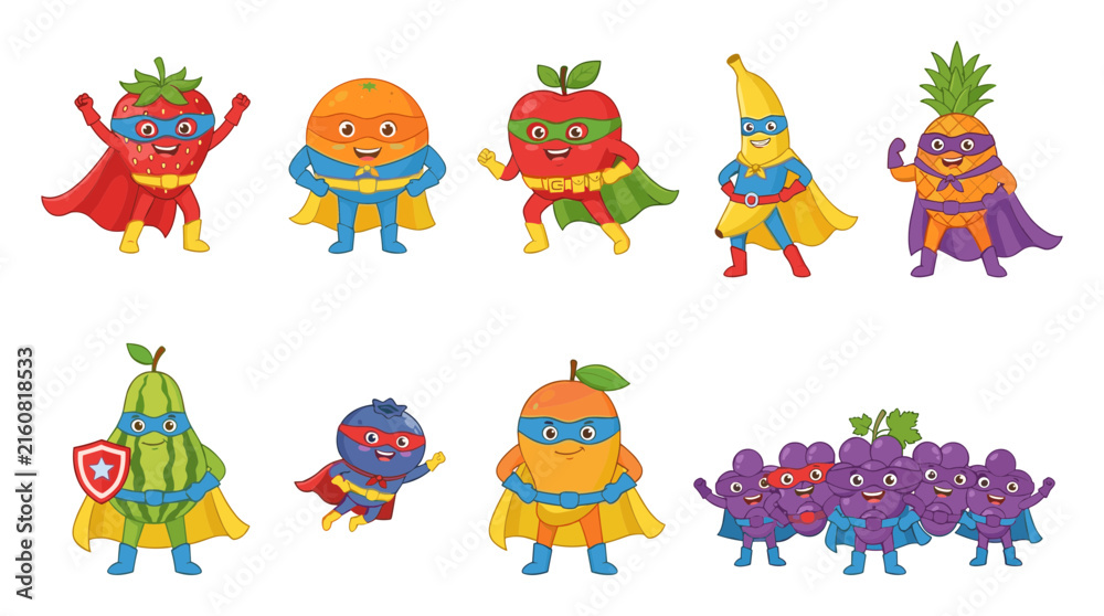 Fototapeta premium Cute Superhero Fruit Mascot Character Vector Icon Set Featuring Strawberry Orange Apple Banana Pineapple Watermelon Mango Blueberry and Grapes for Kids Brand Designs
