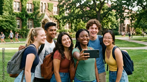 Diverse college friends posing together on sunny ivy-covered campus lawn, holding smartphone for selfie, smiling students with backpacks in front of historic university building