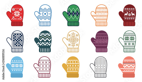Fotografie Collection of colorful knitted mittens with various winter patterns and designs