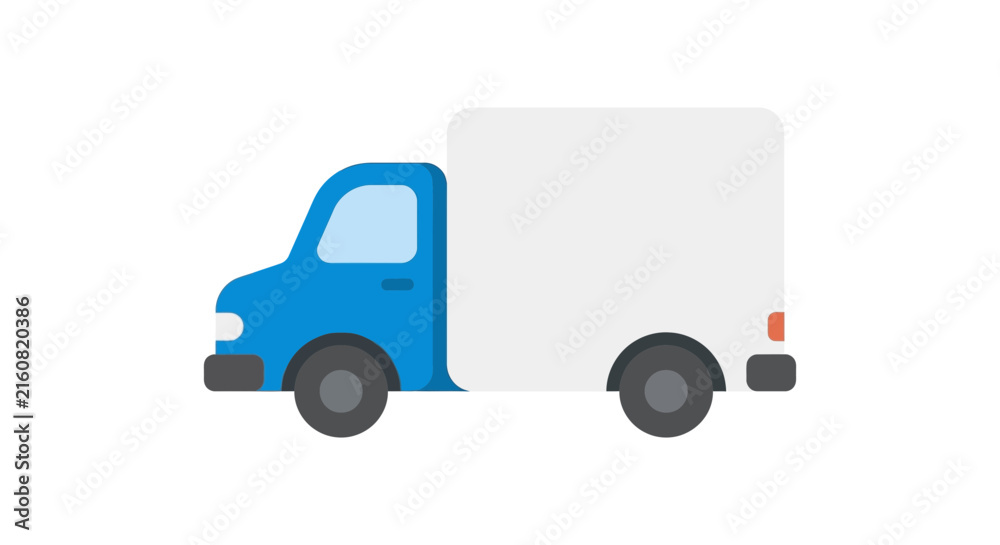 Fototapeta premium Flat blue delivery truck illustration against a white background depicts a simplified vehicle