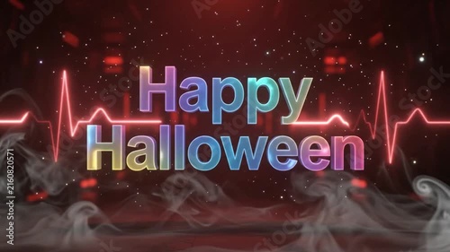 Happy Halloween Neon Greeting with Heartbeat Glow and Smoke Effects 4k