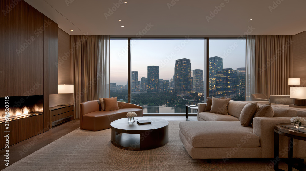 Fototapeta premium Modern living room with cityscape view, large windows, beige sofa, round coffee table, fireplace, evening ambiance, elegant interior design