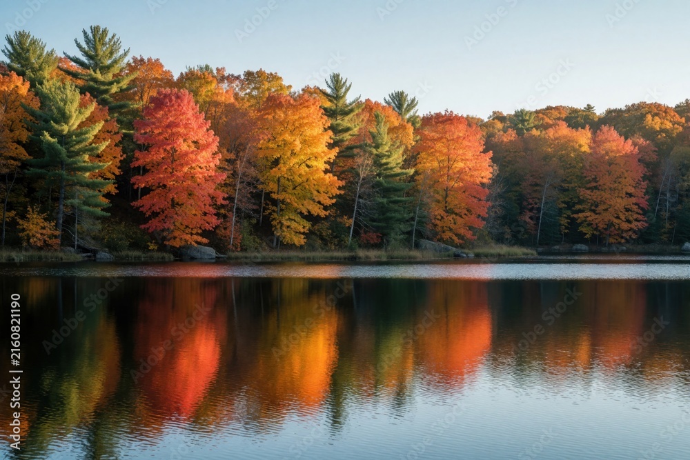 Obraz premium Lake scene in autumn, colorful trees reflect on water. Maple leaves turn red, orange, yellow. Green pines among foliage. Peaceful outdoor setting, crisp sunlight. Mirror-like surface captures vibrant