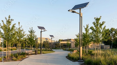 Eco-friendly park pathway lined with innovative solar streetlights, providing sustainable illumination in a modern landscaped environment