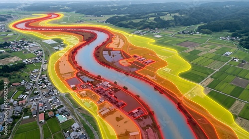 GIS flood risk simulation map showing river overflow hazard zones and disaster prevention analysis over rural landscape