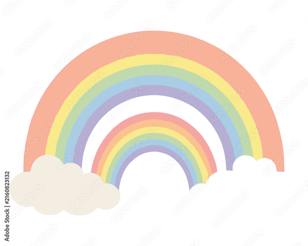 Fototapeta premium Pastel rainbow double arc sky illustration vector icon featuring soft pink, peach, yellow, green, blue, and purple bands above two fluffy cream clouds, perfect for cheerful nursery or weather themed