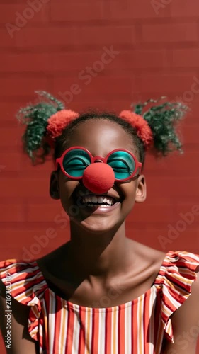 Smiling child wearing colorful striped dress, round glasses and clown nose for playful portrait background and banner design