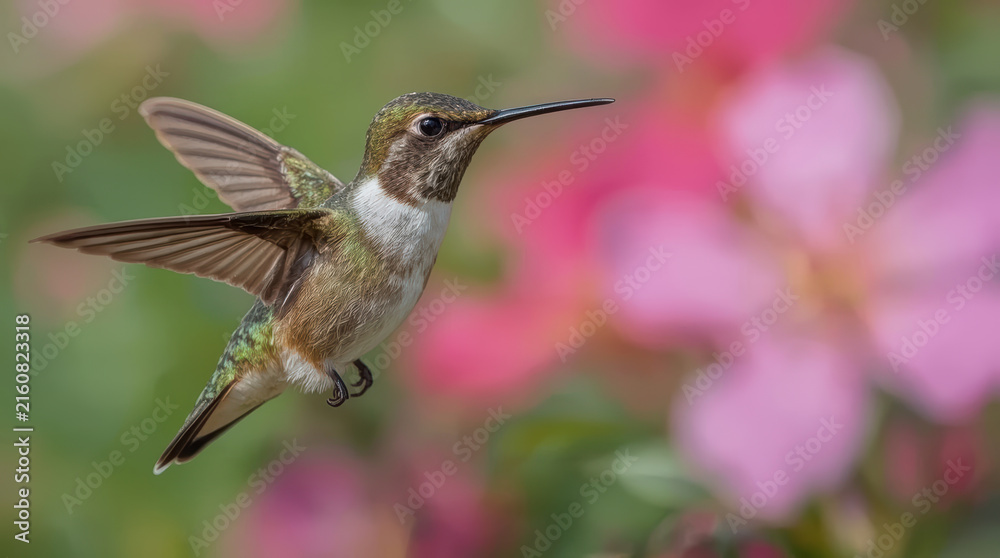 Naklejka premium Hummingbird hovering beside pink flower with sharp detail and natural motion