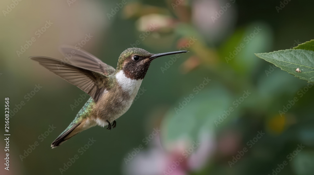 Naklejka premium Hummingbird hovering in flight with spread wings and iridescent feathers