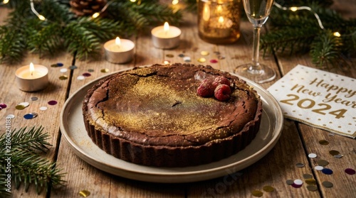 Festive Chocolate Tart With Holiday Greenery, Candles and Celebration Decor