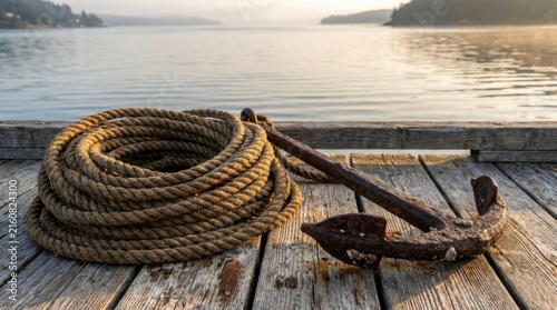 Heavy Nautical Rope and Anchor on Waterfront Dock