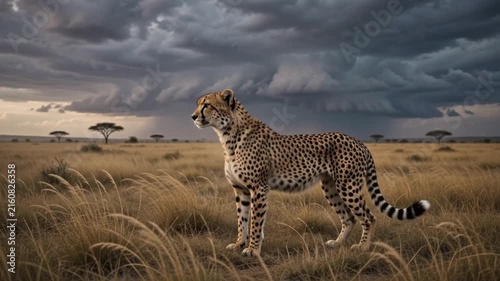 Cheetah Standing in African Savanna Under Dramatic Stormy Sky Scene 4k