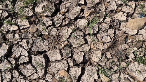 Close-Up view of Dry Cracked Soil – Parched Ground Surface with Severe Drought Cracks, Arid Desert Earth Under Intense Heat. Dry or cracked land soil. top view, high angle, above, flat lay. background