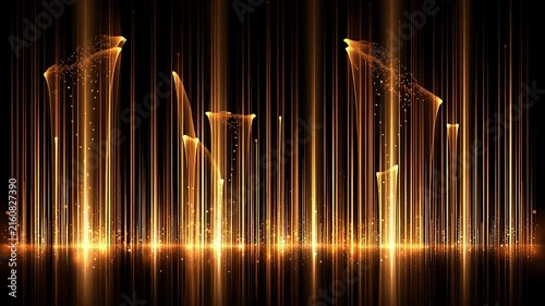 Golden light streaks falling from above with glowing particles and a radiant base. Celebratory, festive luxury design