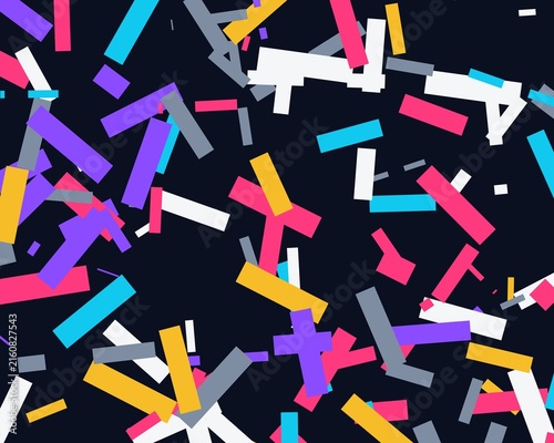 Pile of bright rectangle confetti and streamers on dark background, energetic celebration party elements.