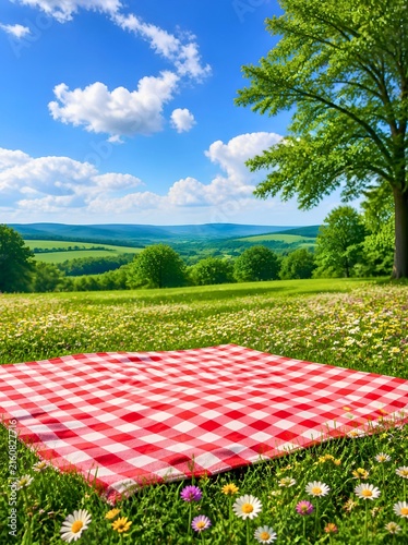Empty red gingham picnic blanket on grassy wildflower field with mountain view - Summer landscape - Vertical portrait