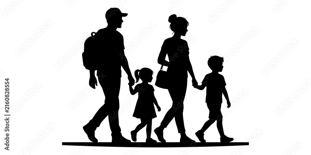 Obraz premium Silhouette of a family of four walking together, holding hands on white background