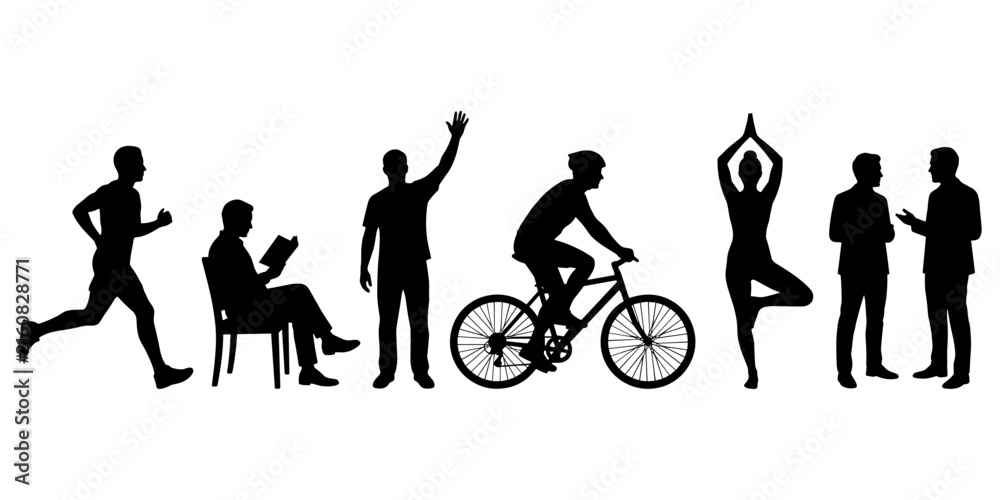 Obraz premium Black silhouettes of people running, reading, waving, cycling, doing yoga, and talking