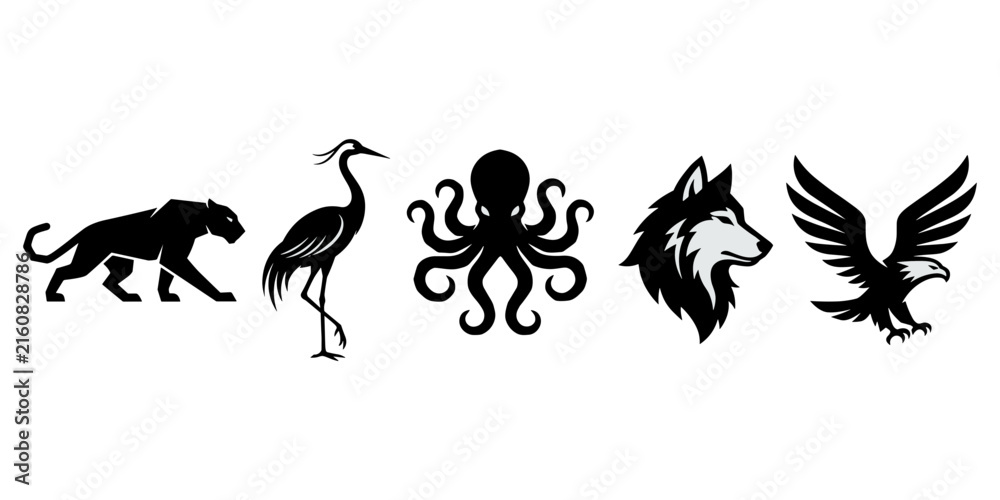 Naklejka premium Black animal silhouette panther, heron, octopus, wolf head, and flying eagle
