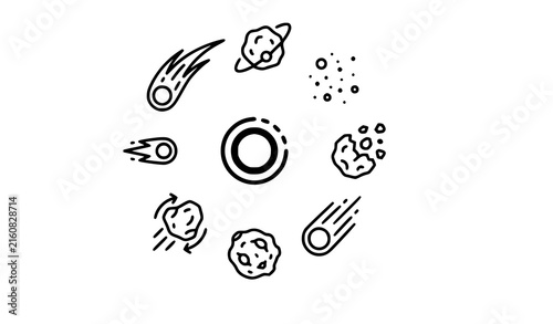 Bild auf Leinwand Minimal comet and asteroid line icon collection with meteorites cosmic rocks orb