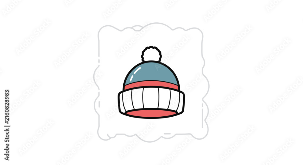 Fototapeta premium Cute winter hat illustration. Blue and red beanie with pom pom.
