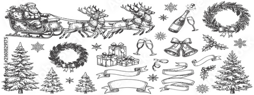 Christmas doodle sketch elements featuring festive icons, winter symbols, holiday decorations and seasonal illustrations
