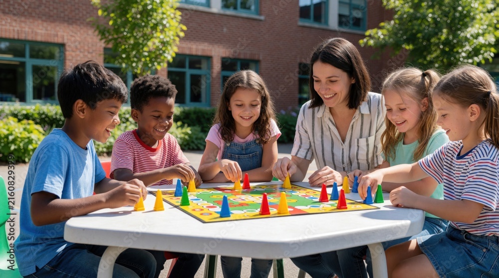 Fototapeta premium Diverse kids and woman play colorful board game outdoors. Children laugh and learn strategy at white table in schoolyard. Fun group activity promotes social skills and teamwork.