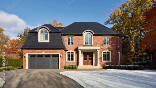Bild auf Leinwand Luxury red brick suburban mansion in autumn with real estate residential archite