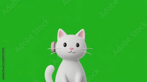 Adorable white kitten with pink bow sitting patiently on a vibrant green screen background with subtle camera pan motion