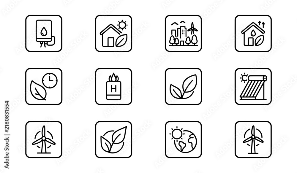 Fototapeta premium Set of black line icons for green energy and sustainable environment development solutions