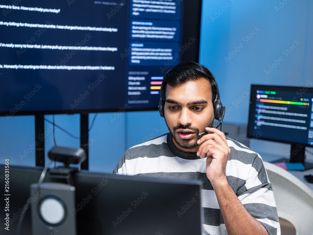 Fototapeta premium Headphones for business people in the office for customer service, Businessman, call center and web support communication. Programmer and Customer service job in consulting agency or representative. 