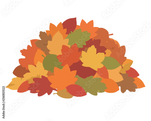 Hand-traced vector illustration of a vibrant pile of colorful autumn leaves raked together, featuring orange, red, yellow, and green maple foliage in a flat design style for seasonal graphics