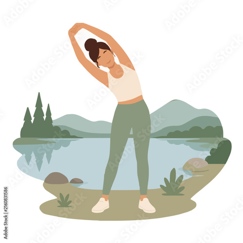 Vector illustration of a woman stretching beside a calm lake, wearing athletic pants and tank top, with pine trees, mountains, and rocky shoreline in a serene outdoor landscape