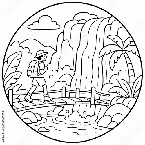 Adventure Awaits: A lone hiker crosses a wooden bridge over a gentle stream, en route to a majestic waterfall amidst lush tropical foliage.