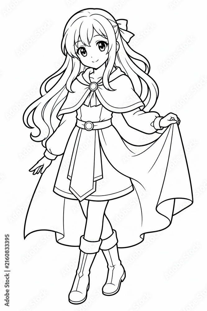 Fototapeta premium Anime Girl with Cape and Boots: A stylized anime character with flowing hair, wearing a cape, dress, and boots, stands gracefully in a simplified illustration.