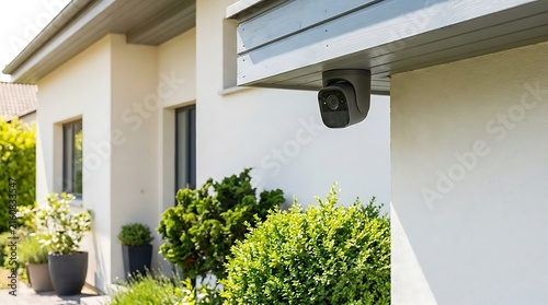 Advanced surveillance technology protecting a sleek modern house, highlighting smart home integration and residential safety features