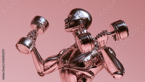 Gleaming chrome figure performing bicep curls with dumbbells
