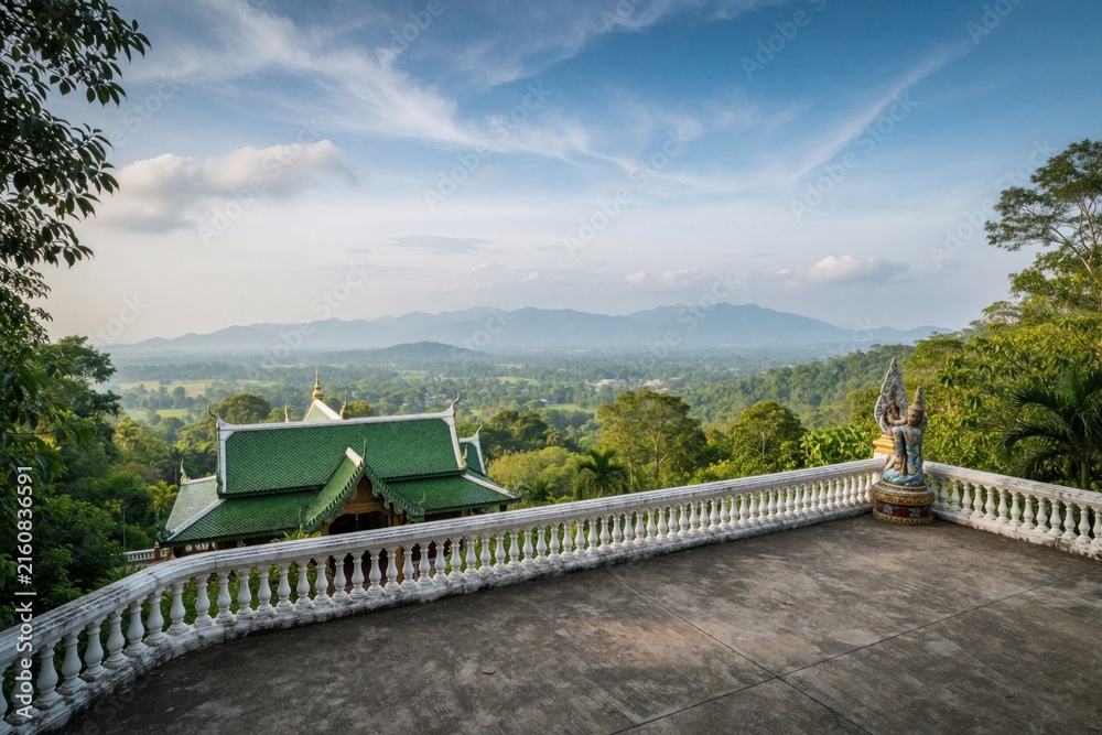 Fototapeta premium Green roof temple viewpoint in Khao Yai, Thailand, offers wide panorama of lush green forest valley and distant blue mountains. Stone statue decorates white railing on terrace.