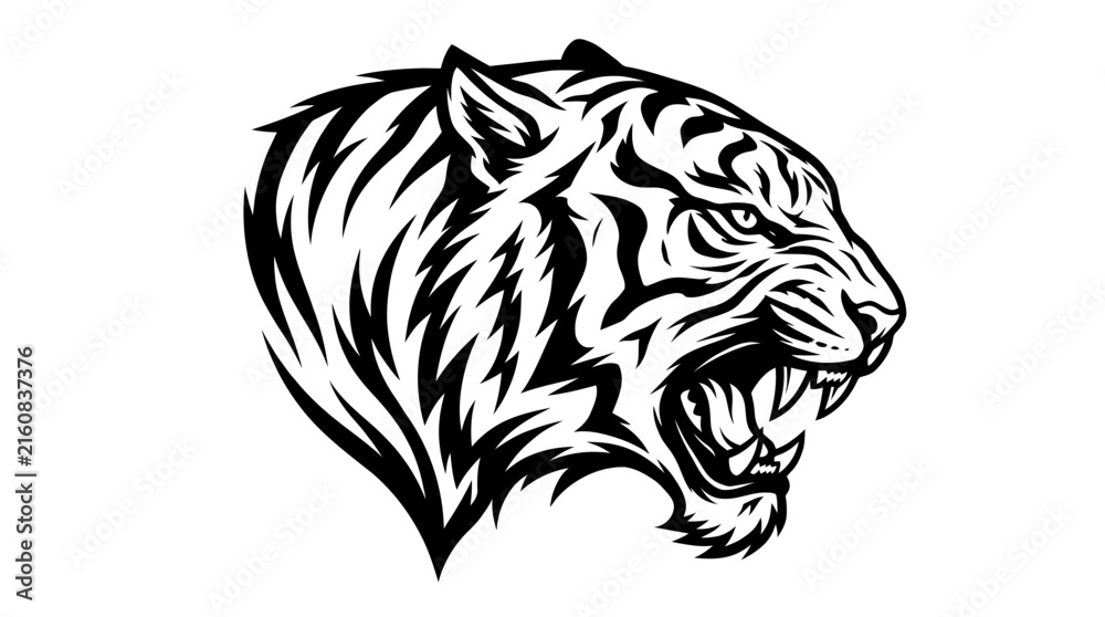 Fototapeta premium Bold black‑and‑white illustration of a roaring tiger head, emphasizing strength, power, and wild elegance through sharp line art.