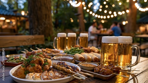 glass of beer and snacks in the garden