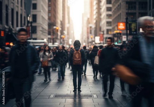 Person with Backpack Standing Alone in Bustling City Crowd