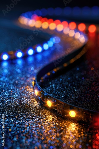 Flexible, illuminated strip with small, colorful lights on sparkling dark surface
