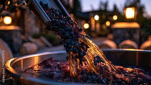Grapes being processed in a large vat at dusk